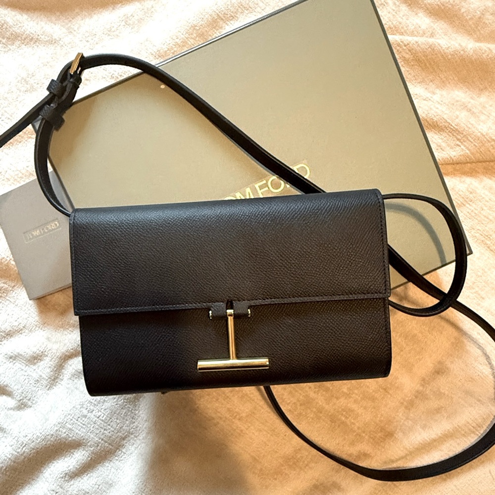 Tom Ford Pebbled Calfskin T Clasp Tara Leather Wallet on Strap *with box*